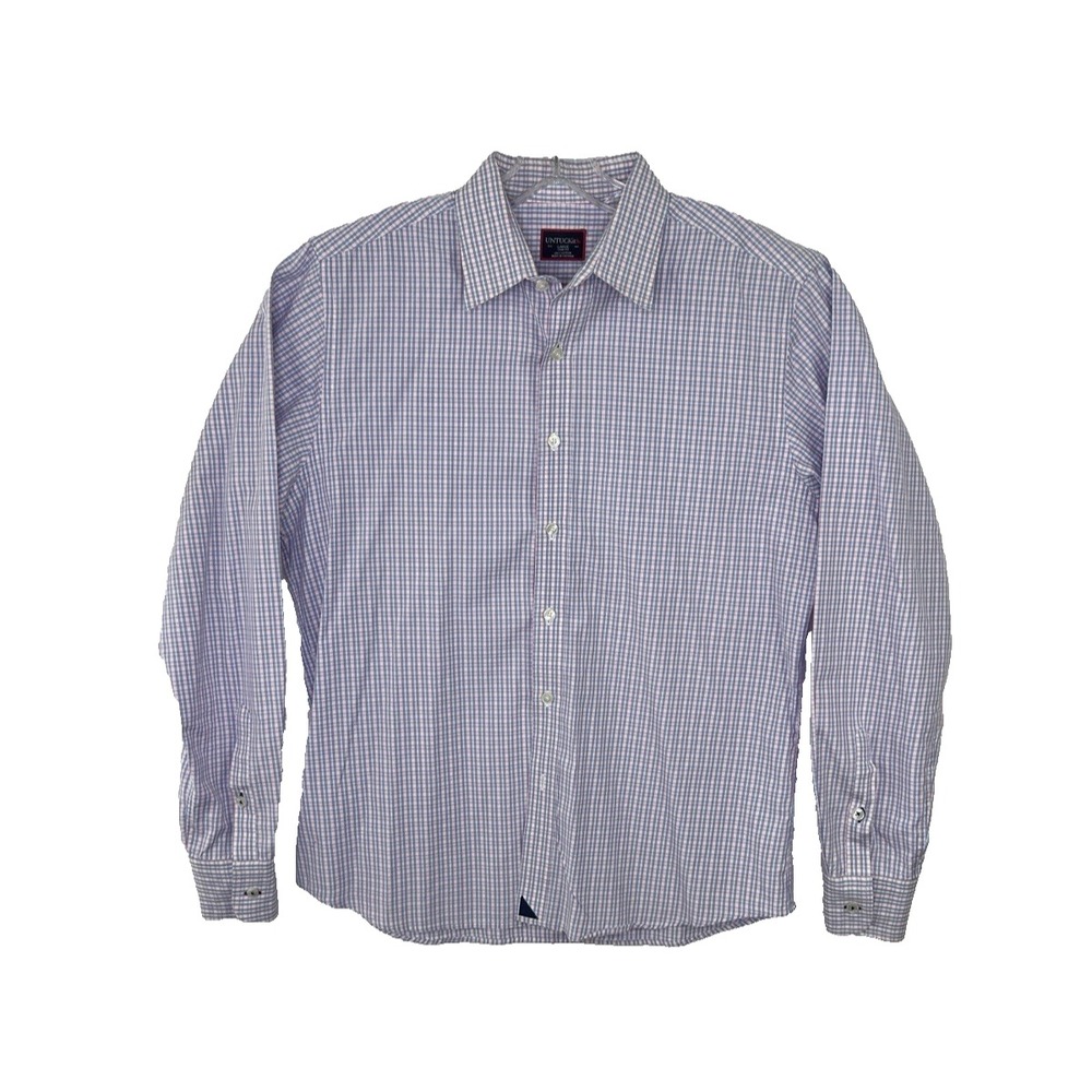 UNTUCKit Preppy 100% Cotton Blue Pink Plaid Slim Fit Button Up Shirt Size LARGE